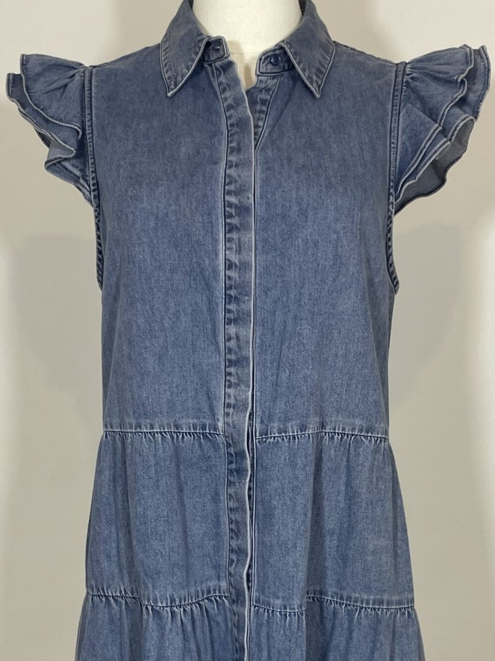 NWT Alice + Olivia Jem Cap Sleeve Tiered Denim Mini Dress Size S